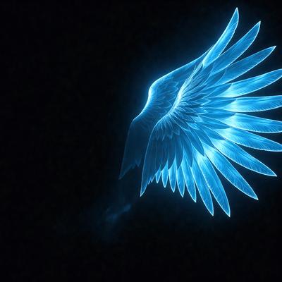 The primary subject of the image is a blue bird with a large wing. The bird is flying in a dark, blue-toned environment, which creates a dramatic and moody atmosphere. The visual style of the image is a combination of digital art and illustration, giving it a unique and artistic appearance. The colors and mood of the image are predominantly dark and mysterious, with the blue bird standing out as the focal point.
